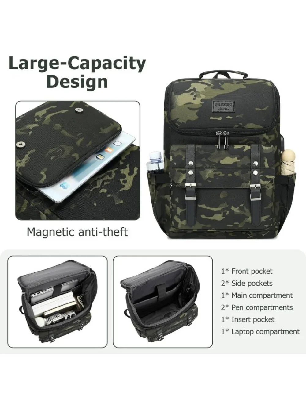 Vintage Camouflage Laptop Backpack with USB Charging Port for Travel & College
